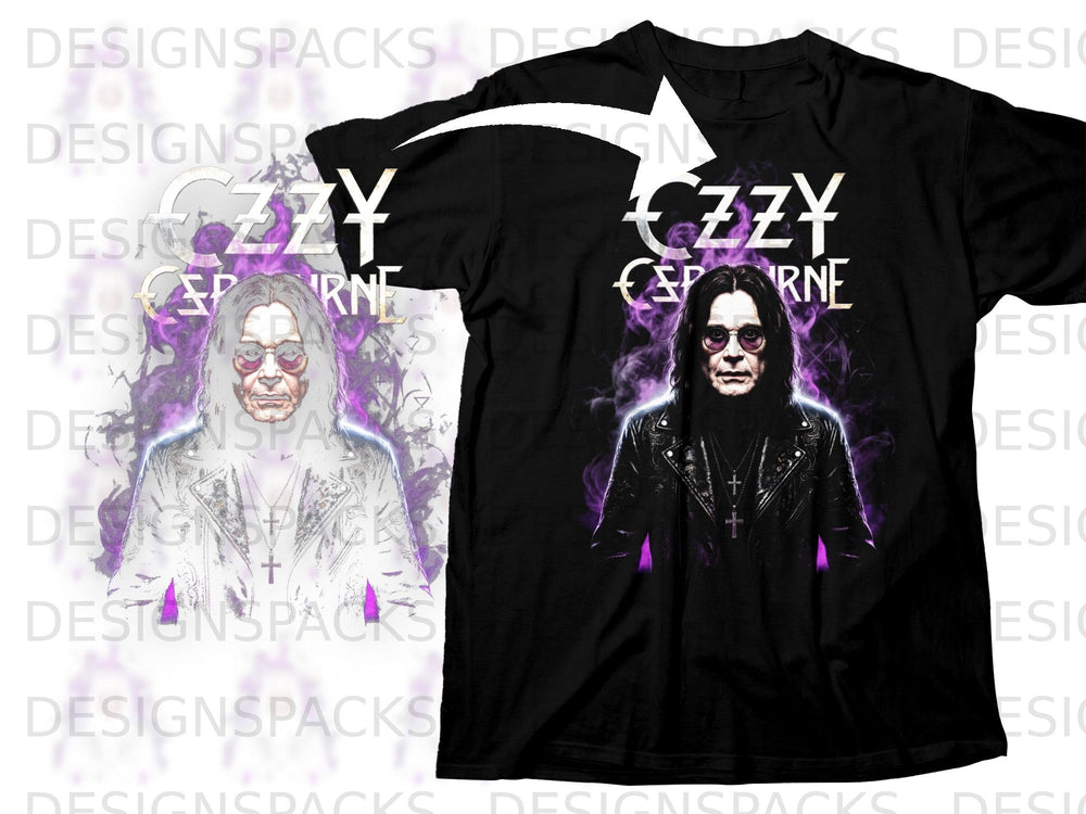 Black t-shirt with Ozzy Osbourne graphic and logo, purple smoke background.