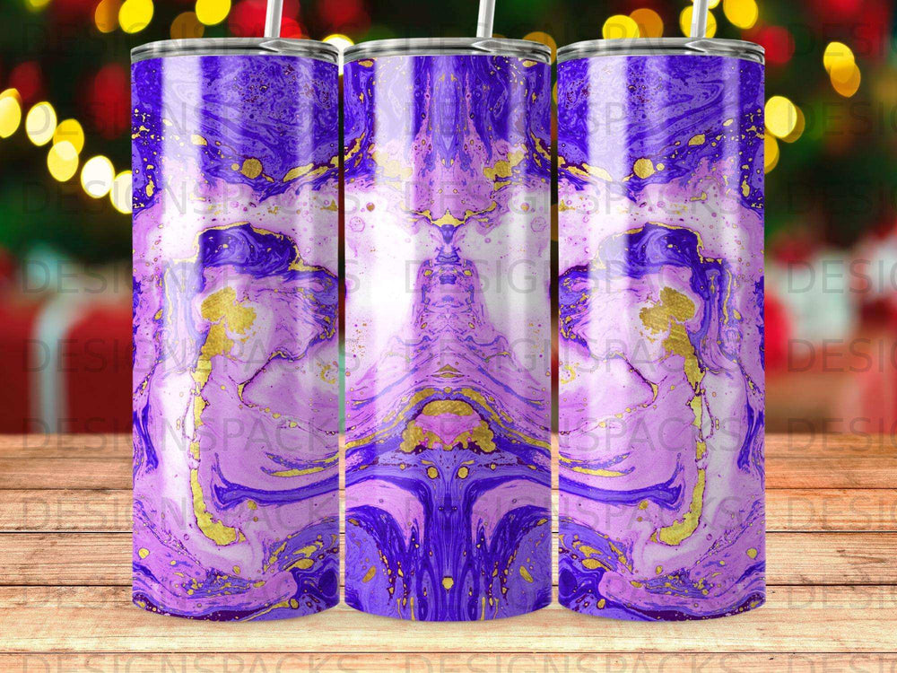Purple and gold marble pattern on a skinny tumbler with two straws.