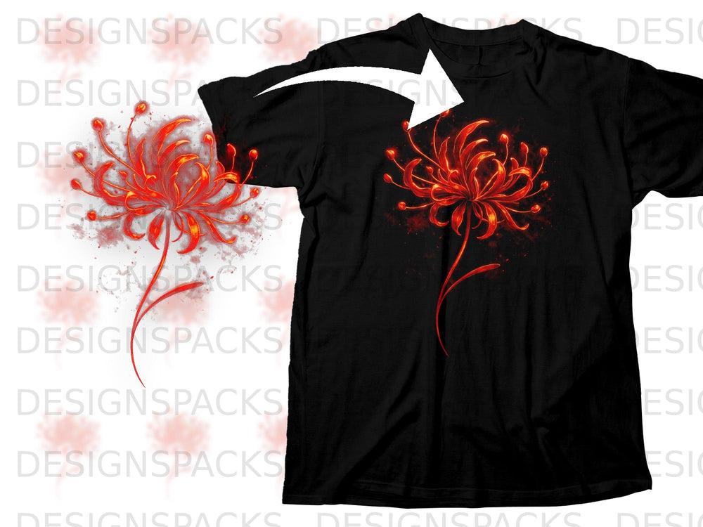 Black t-shirt featuring a vibrant red spider lily graphic on the left chest.