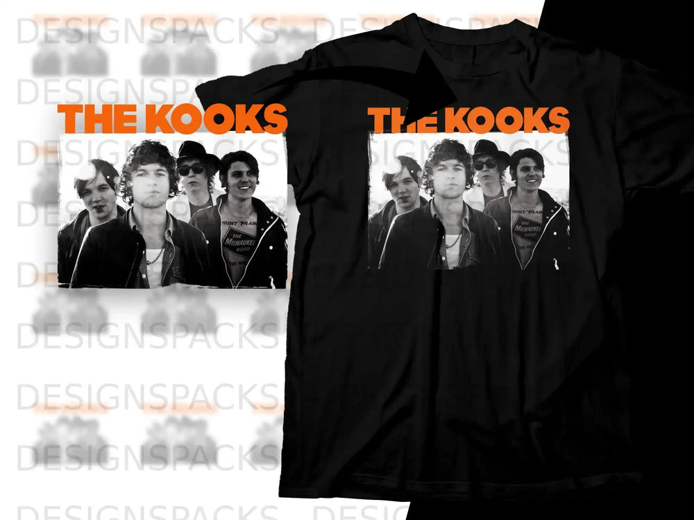 The Kooks band members on a black t-shirt with "The Kooks" text.