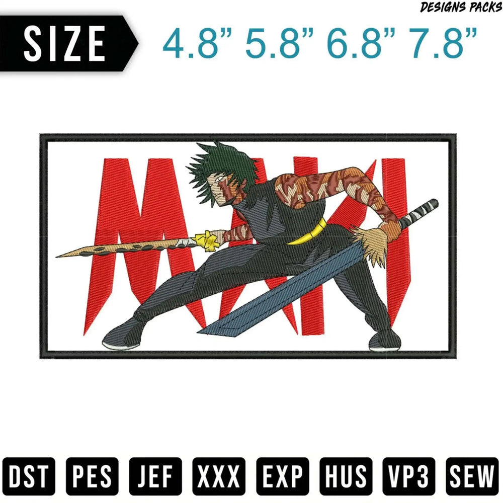 Anime character with swords and "MCW" text, available in multiple sizes.