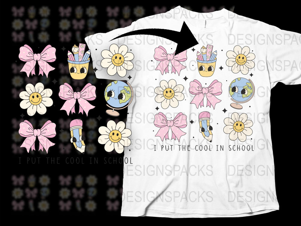 Cool In School Themed T-Shirt and Bow Set, Cute Back to School Outfits for Kids, Teacher Gift Ideas
