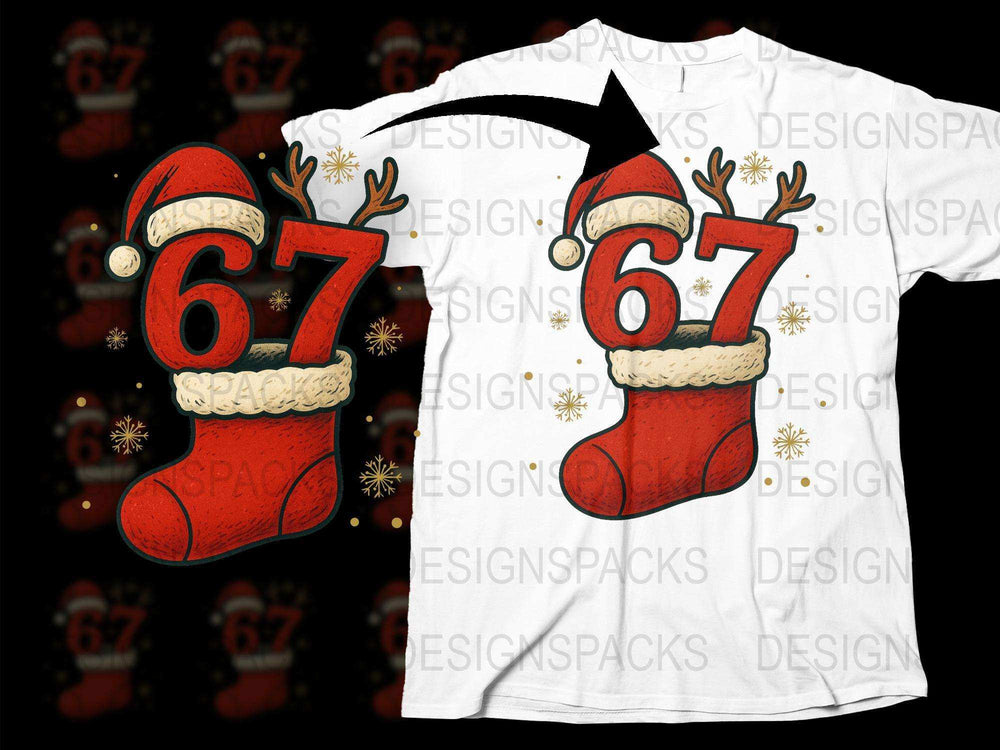 Festive Christmas T-Shirt, Santa Hat Design, Number 67, Holiday Apparel, Reindeer Antlers, Graphic Tee for Adults and Kids