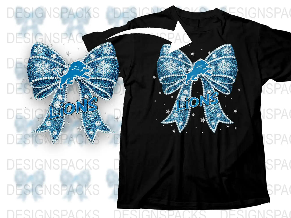 Detroit Lions Cheer Bow T-Shirt, Rhinestone Blue Bow, NFL Team Fan Gear, Sparkly Sports Apparel, Unisex Black Tee