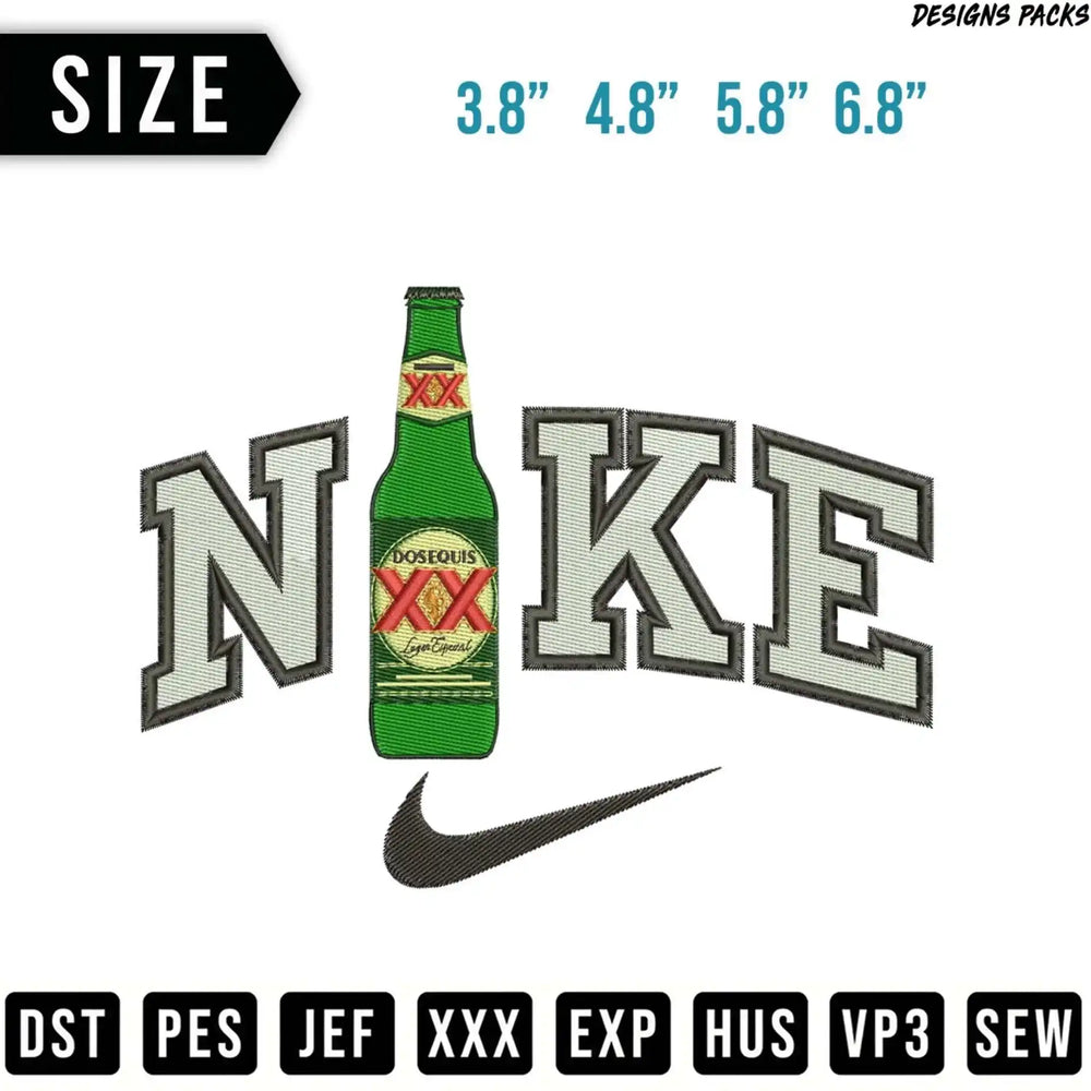 Nike logo with beer bottle, available in four sizes.