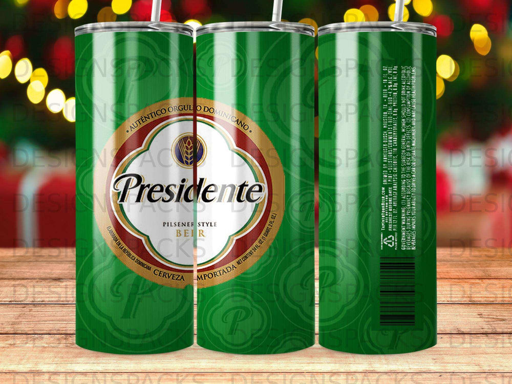 Presidente Pilsener Style beer can with Dominican Republic branding and nutritional information.
