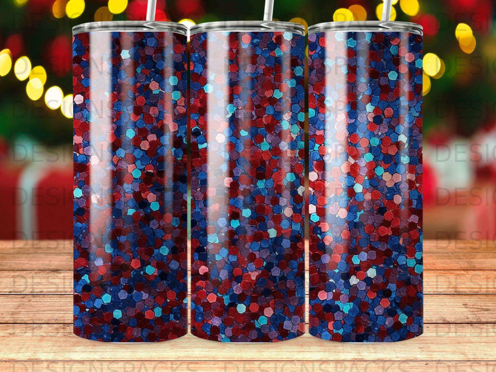 Red and blue glitter tumbler with a sparkly, textured pattern.