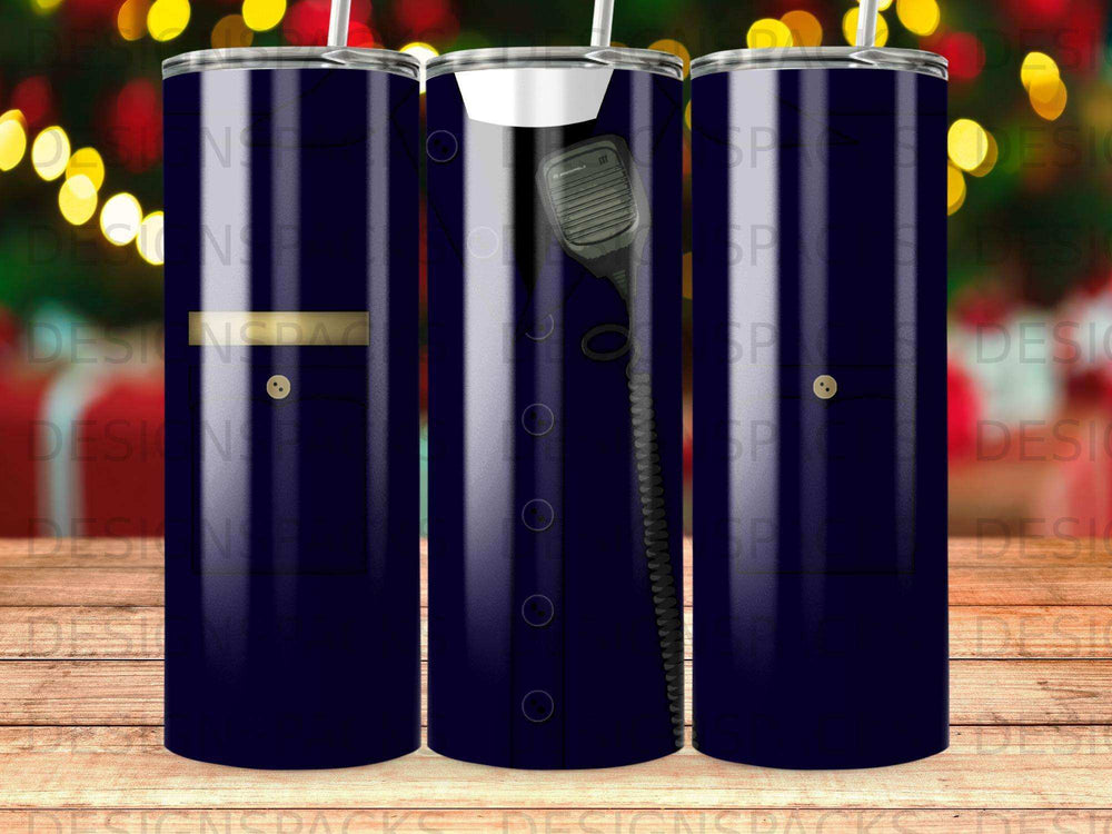 Dark blue tumbler with police badge, radio, and buttons.