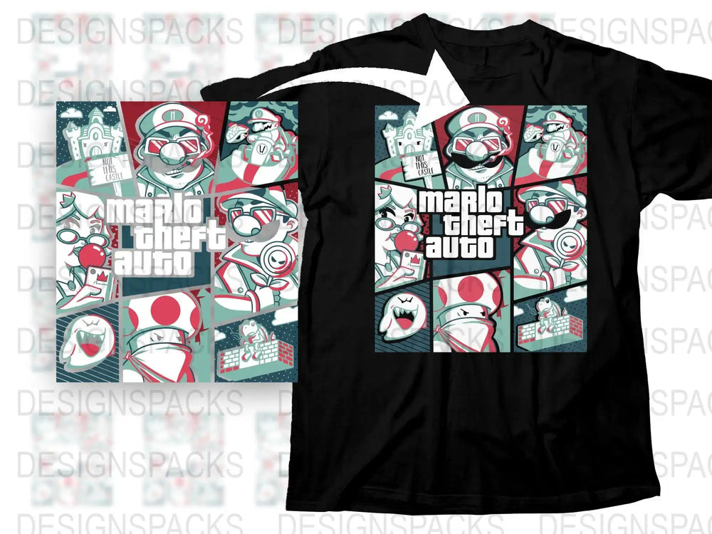 Colorful Pop Culture T-Shirt, Retro Gaming Style Tee, Unique Mario Parody Design Top, Funky Graphic Shirt