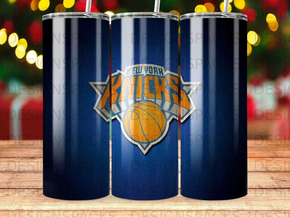 New York Knicks basketball logo on a dark blue tumbler.