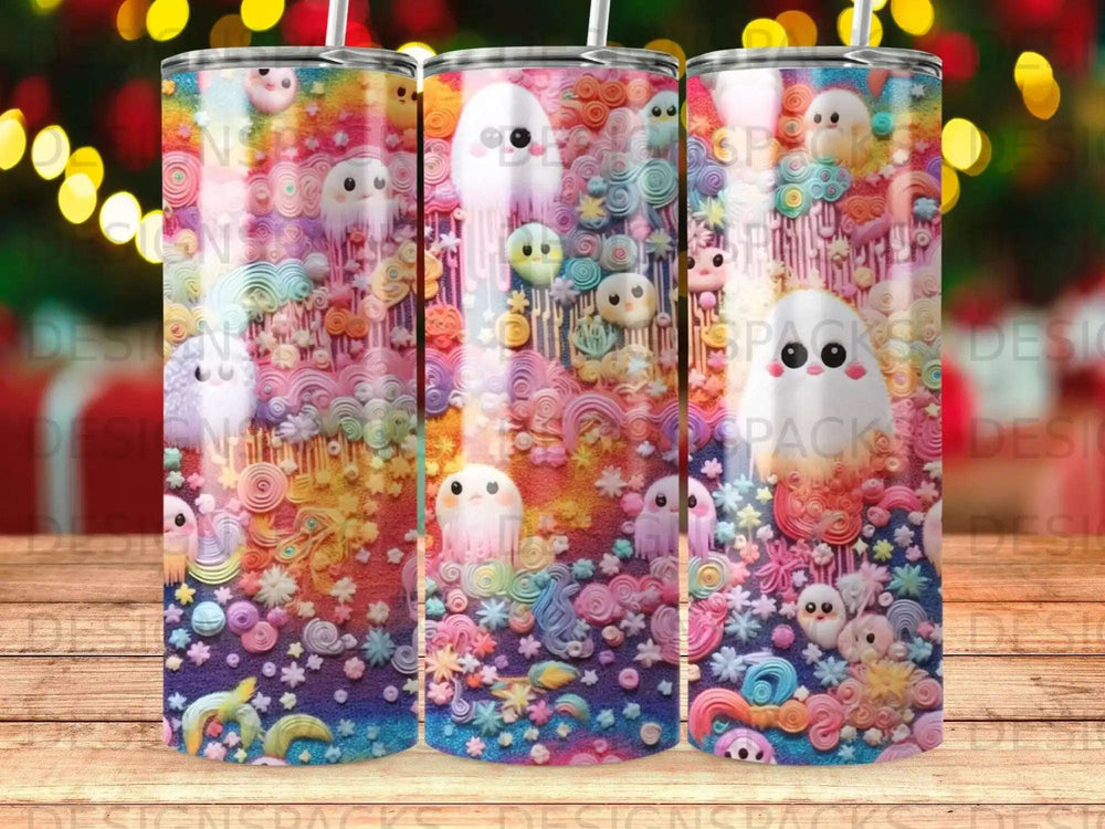 Three tumblers with colorful ghosts, jellyfish, and abstract sea creatures.