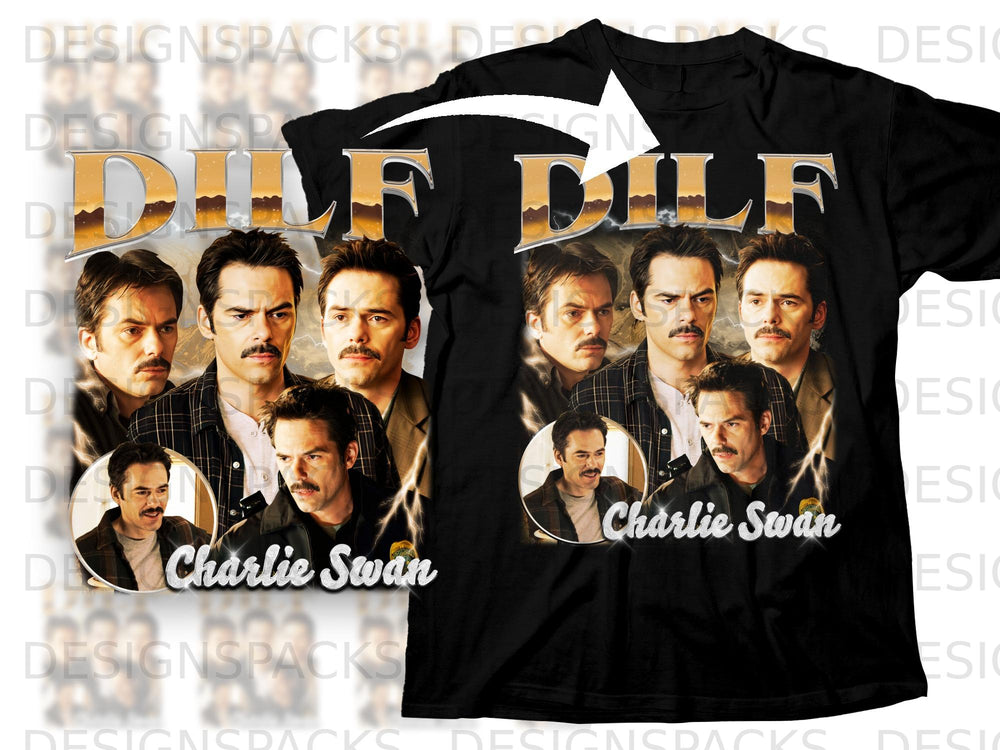 Black t-shirt with "DILF" text and multiple images of Charlie Swan.