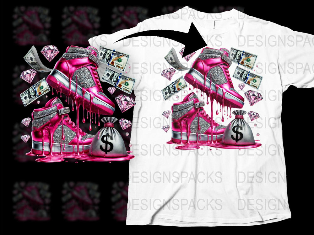 Women's Pink Glitter High Heels Money Graphic T-Shirt, Dripping Diamond Shoe Tee, Stylish Streetwear, Eye-Catching Casual Top Fashion