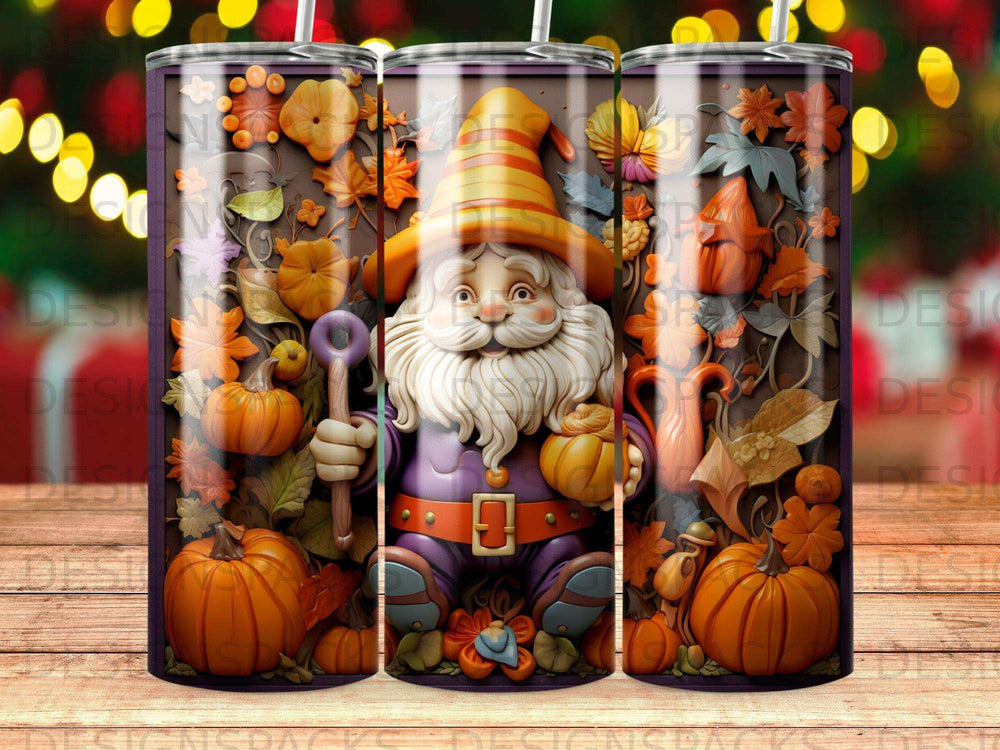 Gnome with pumpkin and shovel, surrounded by autumn leaves and pumpkins.