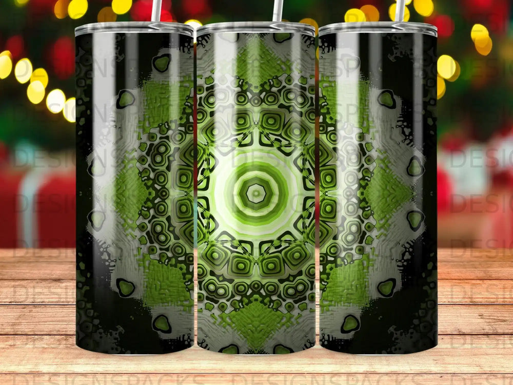 Tall, black tumbler with a green, circular, geometric pattern.