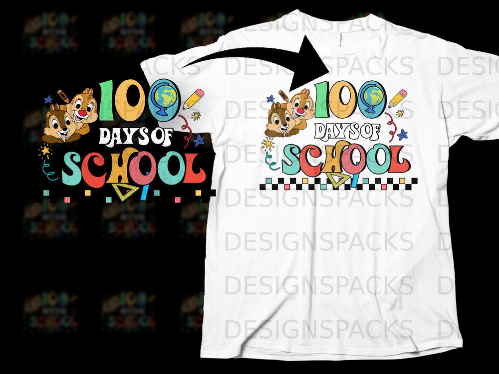 Chip and Dale with "100 Days of School" design on a white t-shirt.