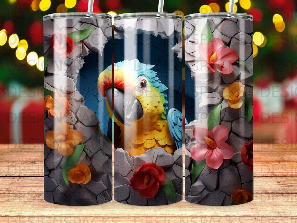 Parrot emerging from a stone cage surrounded by flowers.