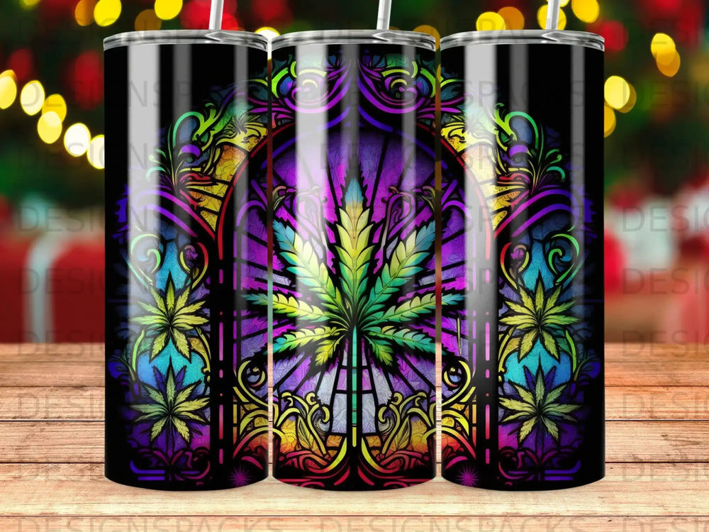 Stained glass cannabis leaf design on a black tumbler.