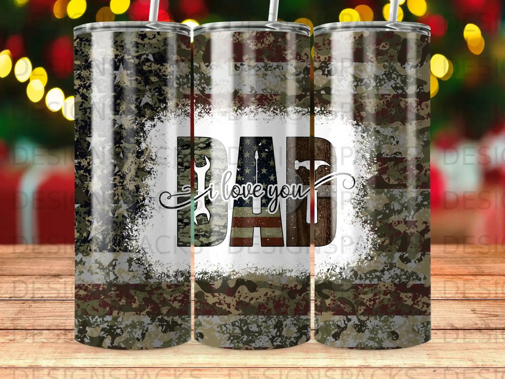 Tumbler with "Dad" text, American flag, and camouflage design.
