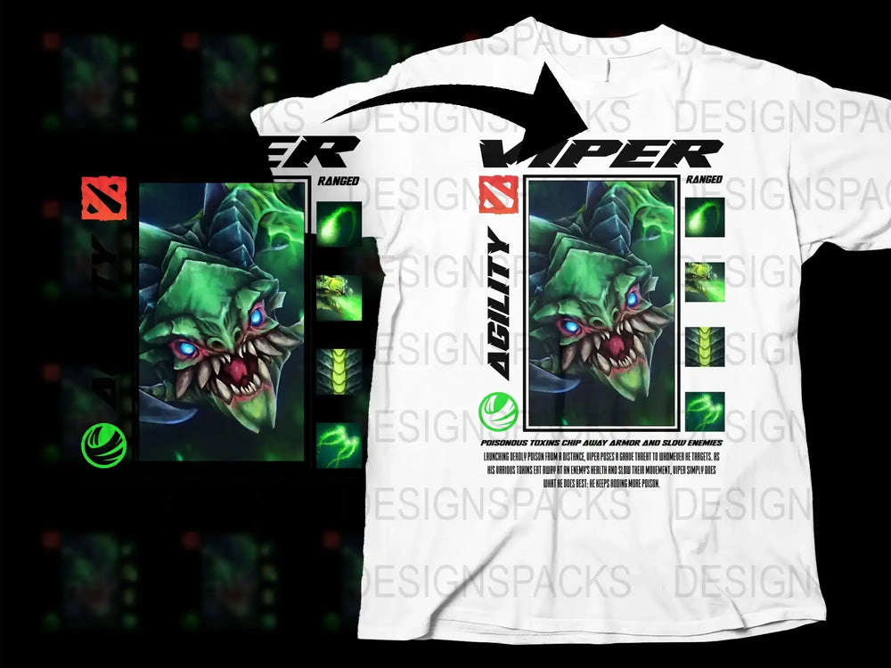 Gamer Graphic T-Shirt, Viper Fantasy Monster Design, Cool Green and Black Tee