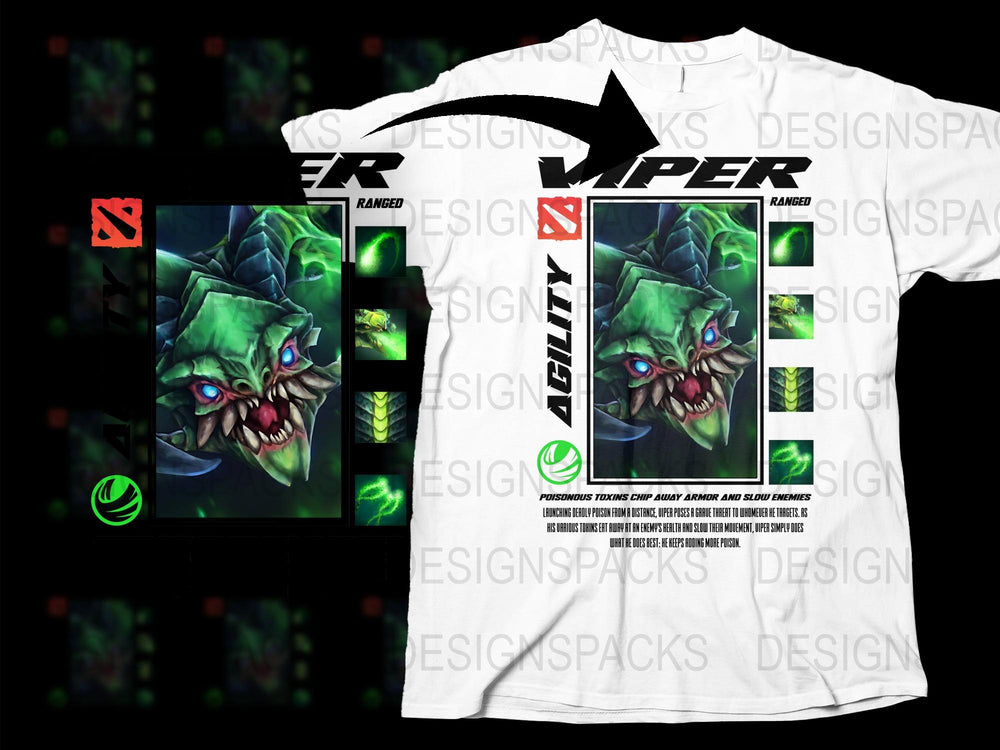 Gamer Graphic T-Shirt, Viper Fantasy Monster Design, Cool Green and Black Tee