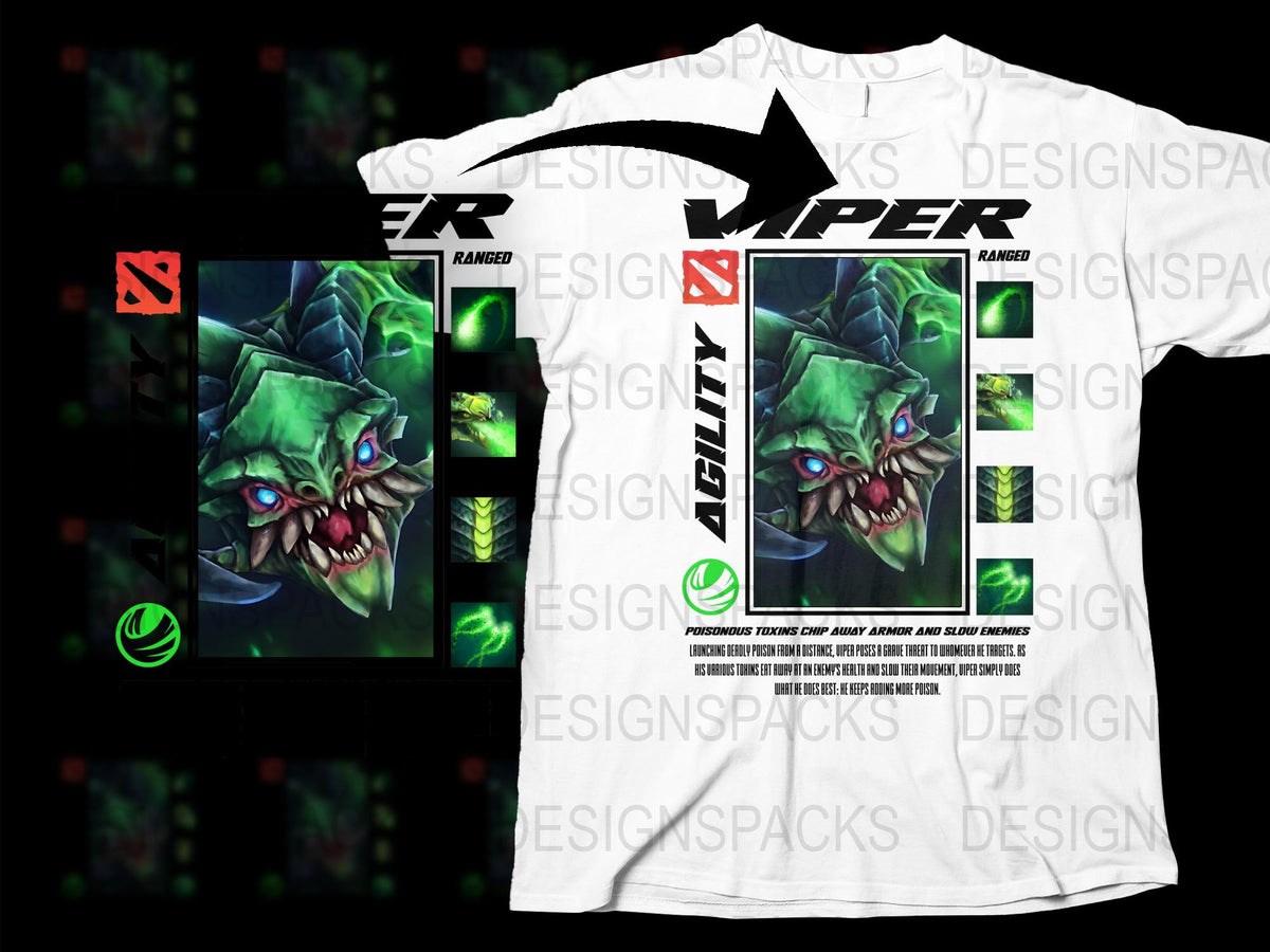 Gamer Graphic T-Shirt, Viper Fantasy Monster Design, Cool Green and Black Tee