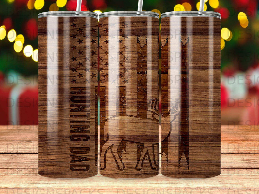 Hunting Dad tumbler with American flag and deer silhouette on wood grain.