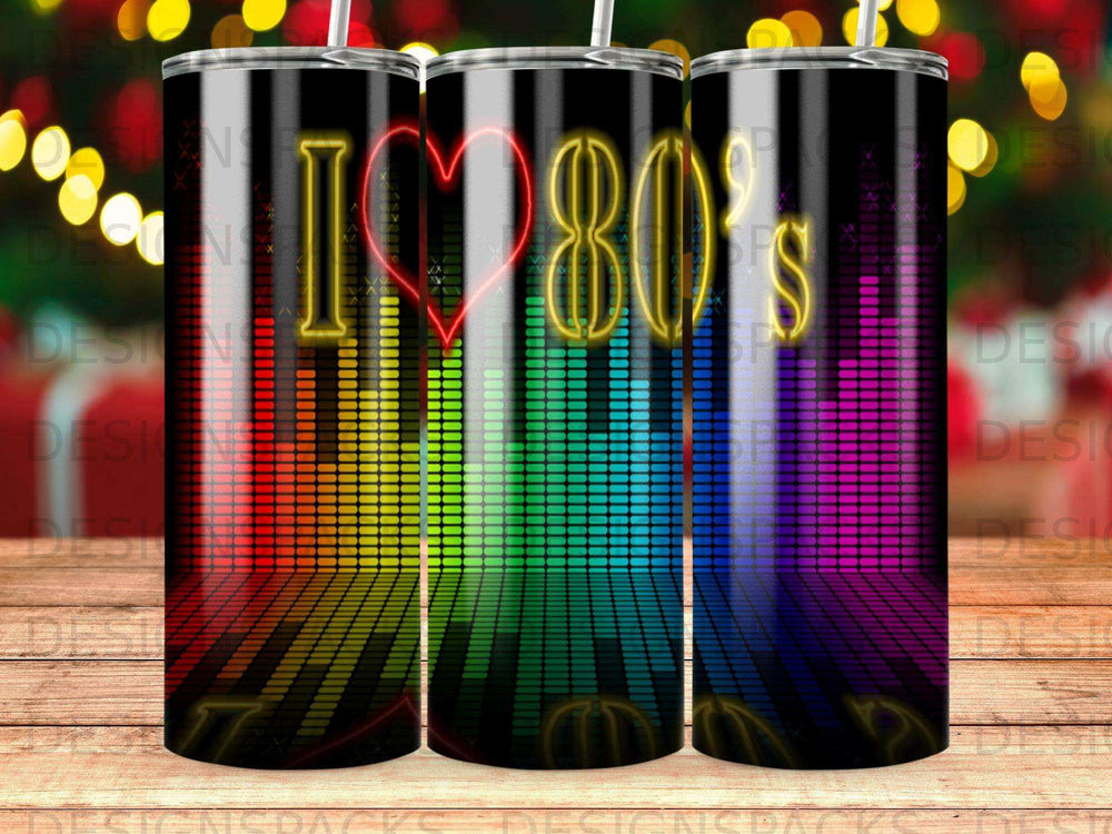 I Love 80s graphic with colorful equalizer bars and bokeh lights.