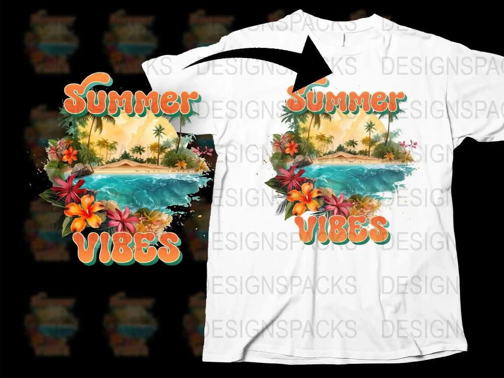 Summer Vibes Tropical Beach Graphic T-Shirt, Unisex Palm Tree Sunset Tee, Colorful Casual Vacation Apparel