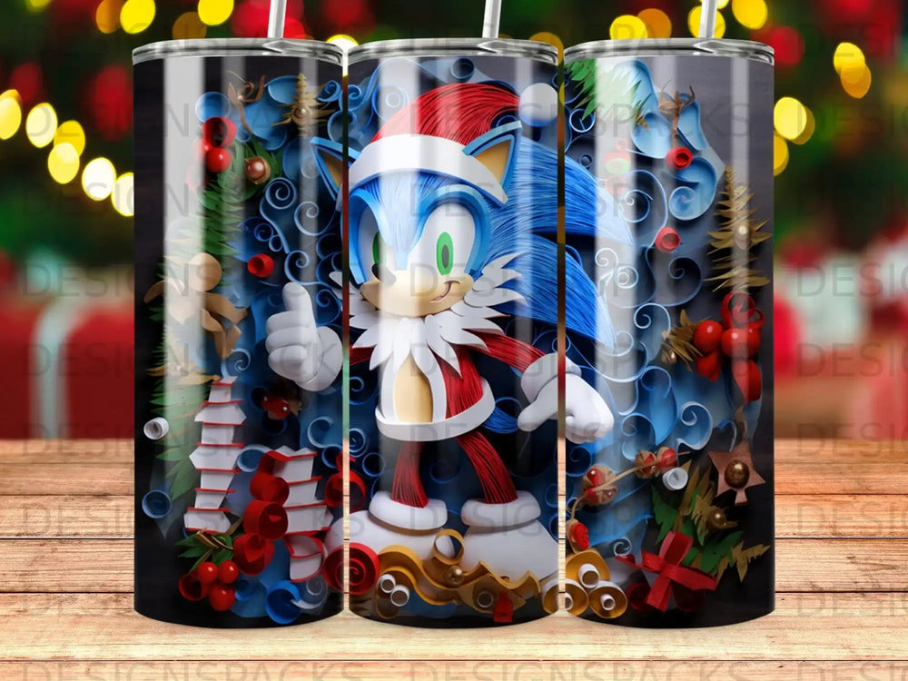 Sonic the Hedgehog in a Santa hat giving a thumbs up surrounded by holiday decorations.