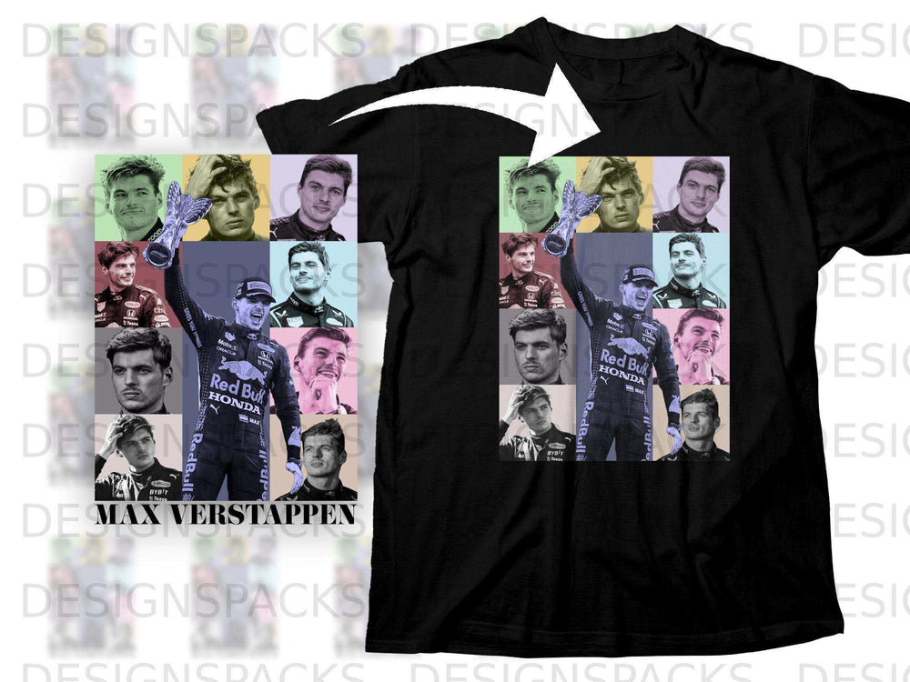 T-shirt featuring Max Verstappen with collage of his portrait photos.