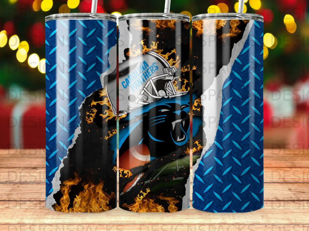 Carolina Panthers logo with flames and ripped metal texture on a tumbler.