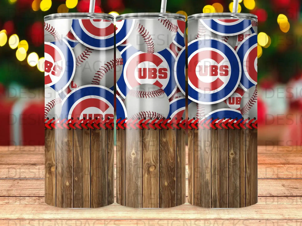 Chicago Cubs baseball-themed tumbler with wood grain base.