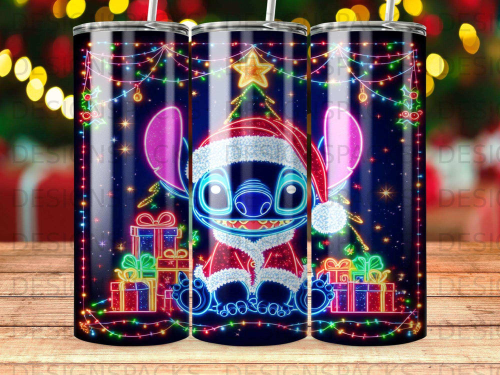 Stitch in Santa hat with glowing Christmas lights and gifts.