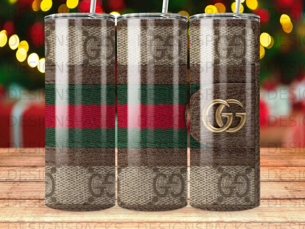 Brown GG Monogram Green Red Stripe Gold Double G Tumbler Digital Wrap Design
