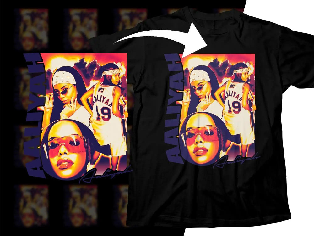 Aaliyah-themed black t-shirt with vibrant graphics, featuring her portrait and jersey design for DTF/DTG printing.