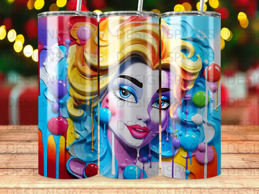 Woman with bright blue eyes and colorful hair, splattered with paint.