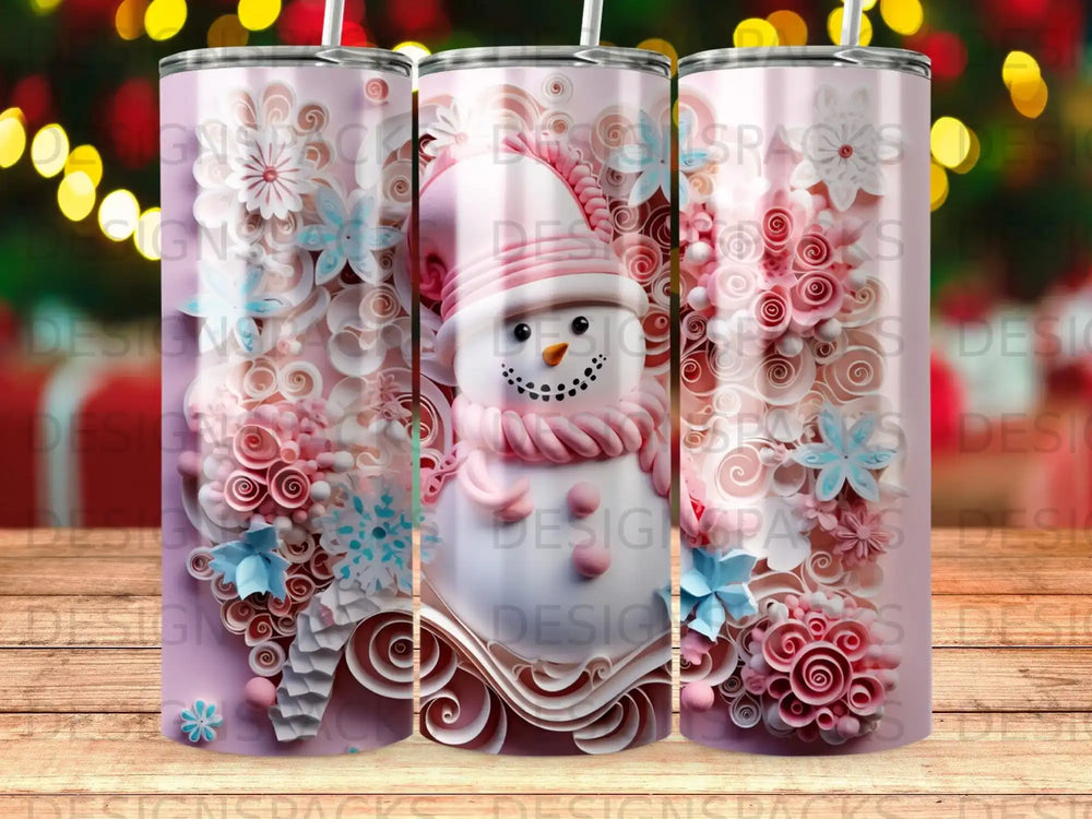 Pink snowman with floral and snowflake accents on a tumbler.