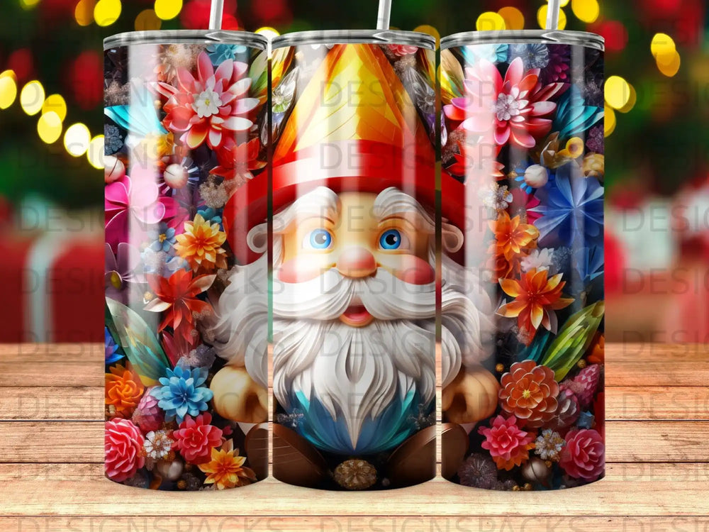 Gnome with a red hat surrounded by colorful flowers and bokeh lights.