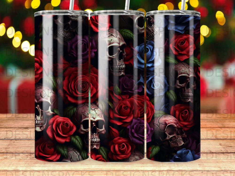 Skulls and dark red and blue roses pattern on a tumbler.