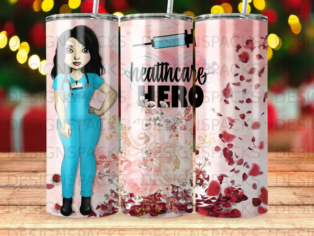 Healthcare Hero design on a skinny tumbler with syringe and flowers.
