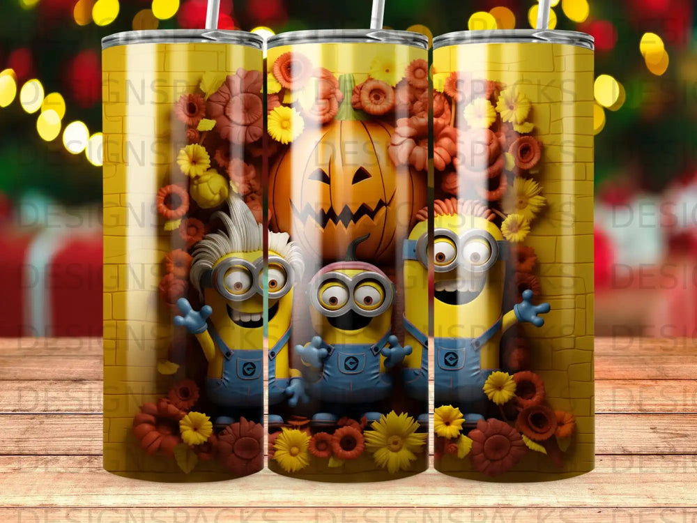 Three cartoon minions in overalls with a jack-o'-lantern, surrounded by autumn flowers.
