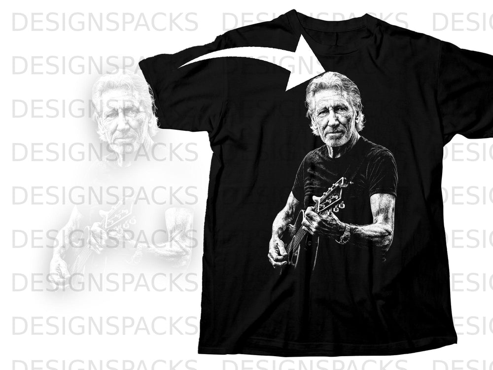 Black t-shirt with a white sketch of Roger Waters playing a guitar.