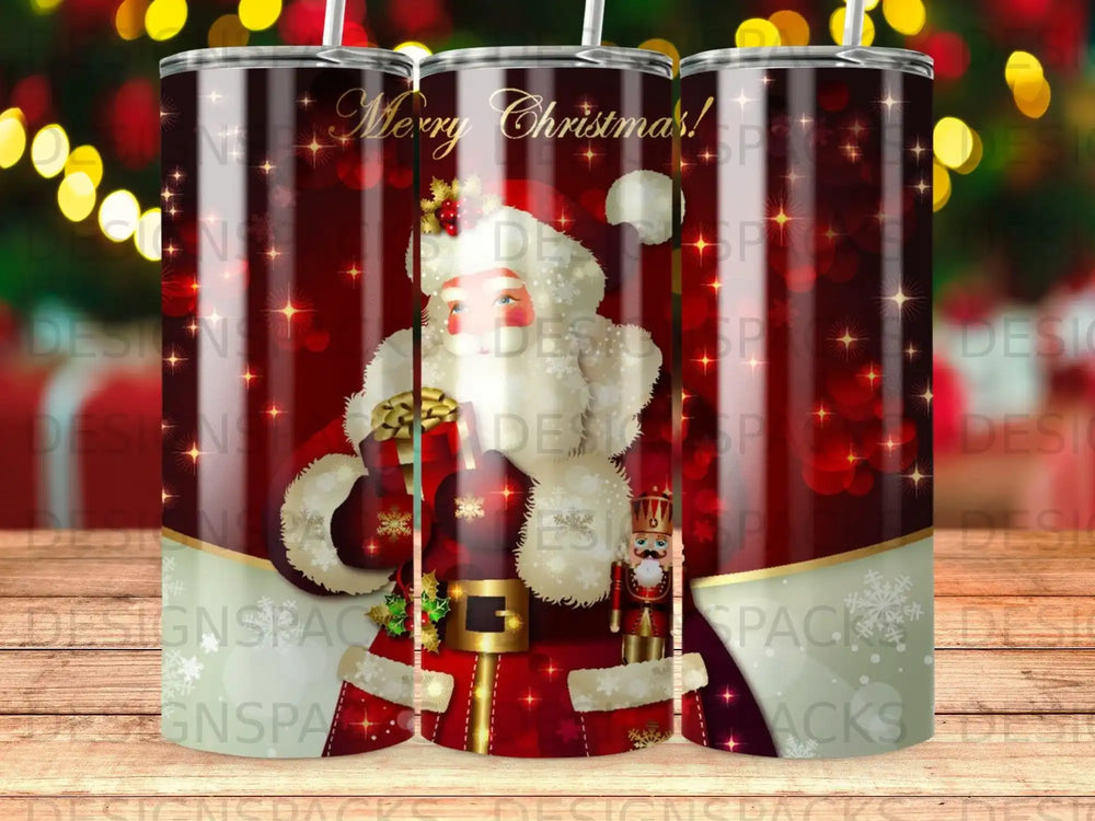 Santa Claus with gift, "Merry Christmas!" text, on a festive background.