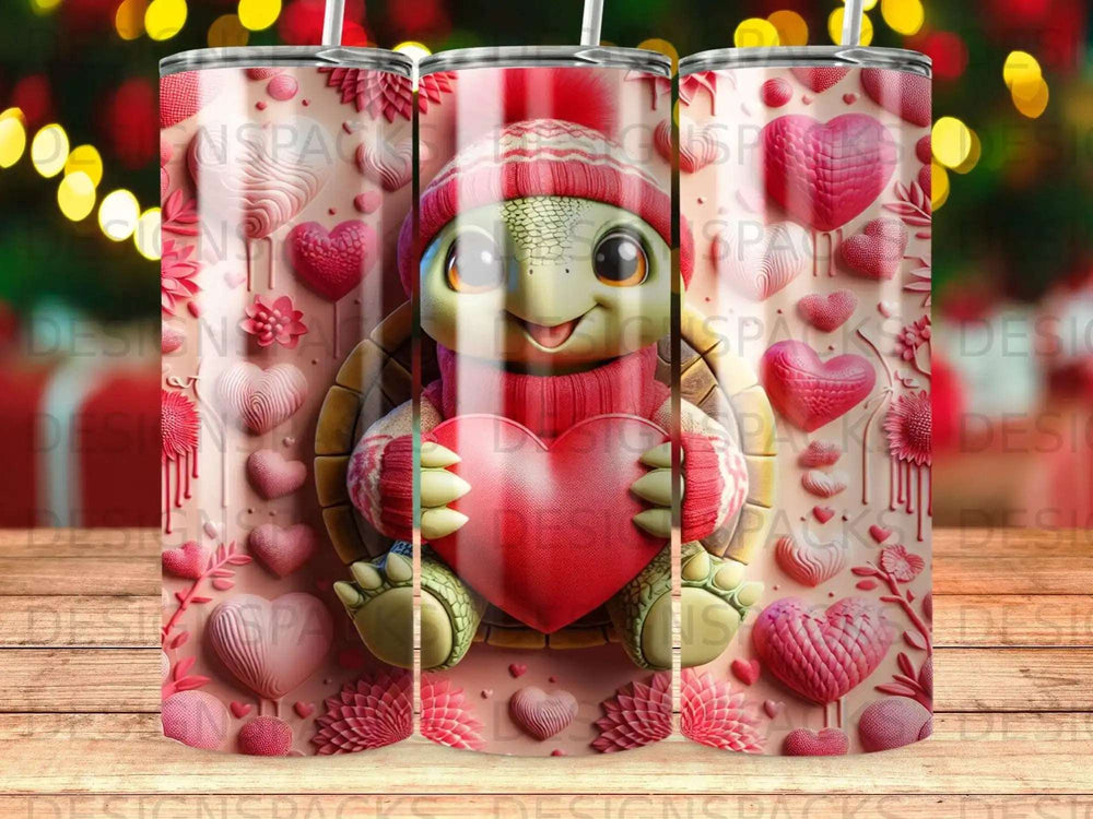 Turtle holding a heart, surrounded by pink hearts and festive lights.