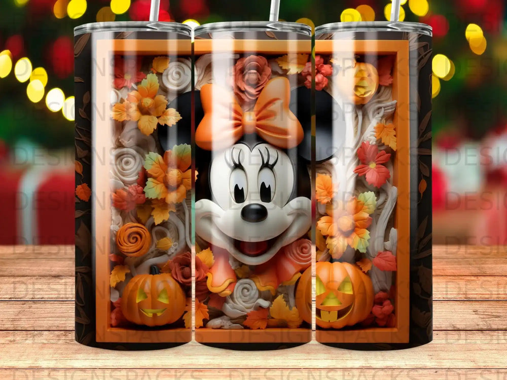 Minnie Mouse in a framed pumpkin and fall floral arrangement.