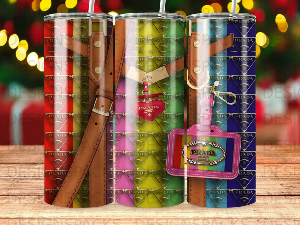Three tumblers with a repeating PRADA logo pattern and a pink tag.