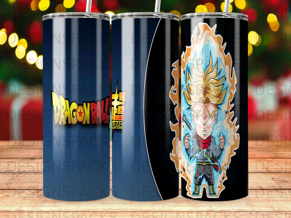 Dragon Ball Z Trunks tumbler with blue and orange flames.