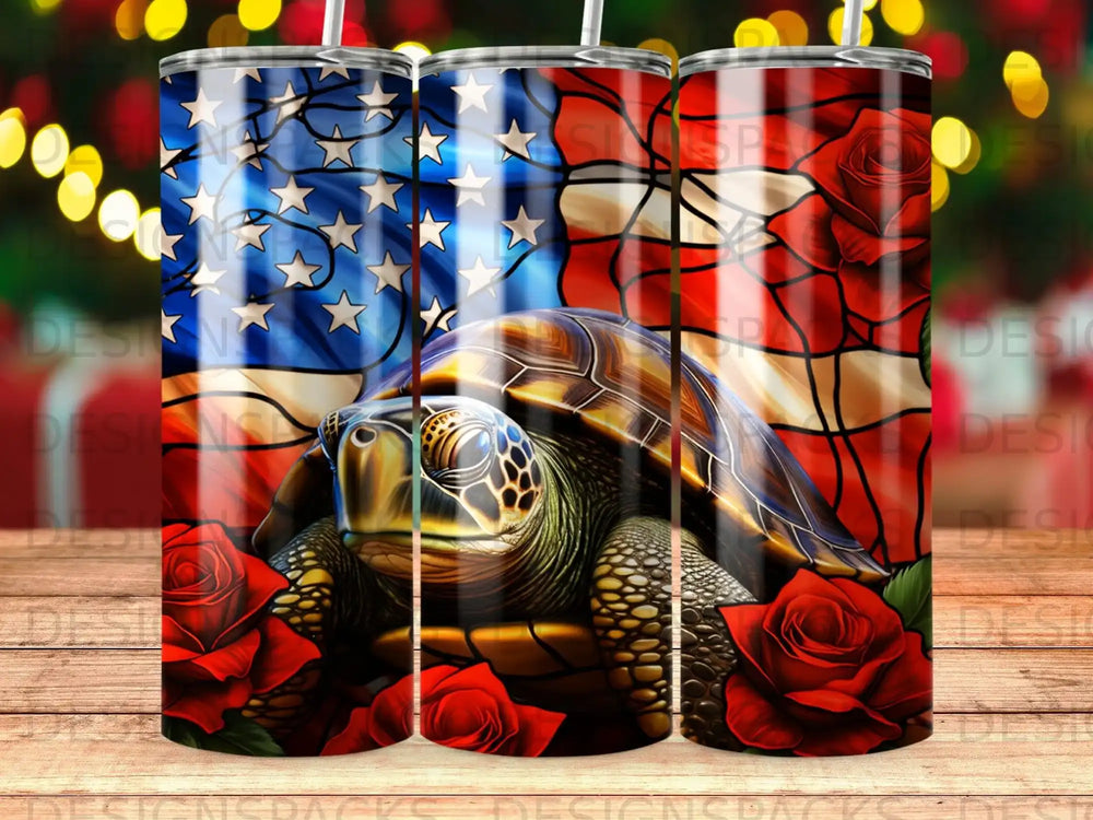 Turtle with American flag and red roses design on tumbler.
