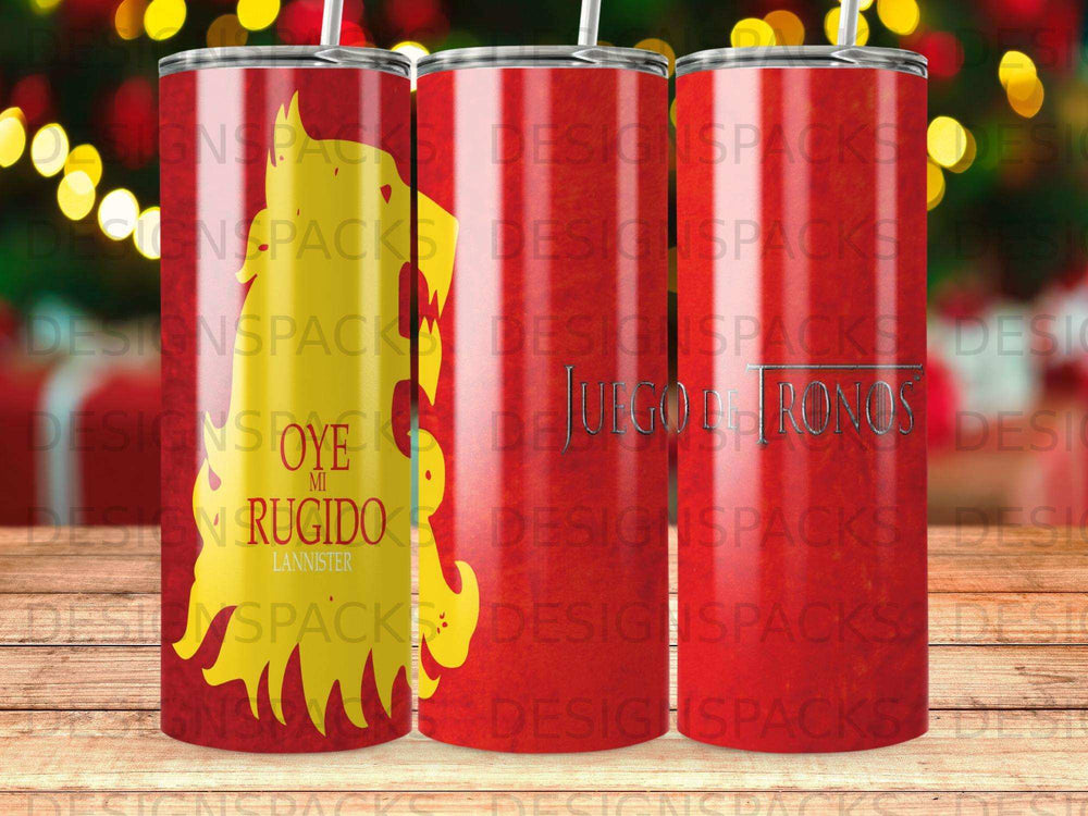 Game of Thrones Lannister "RUGIDO" tumbler with house sigils and text.